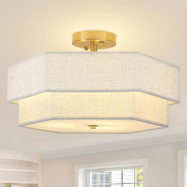 ZSMIHDOH 17.7 in. 3-Light Modern Gold Metal and Fabric Drum Semi Flush Mount Ceiling Light Fixture