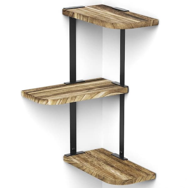10.2 in. W x 5.1 in. D 3 Tier Carbonized Natural Wood Corner Shelf Wall Mount, Floating Decorative Wall Shelf