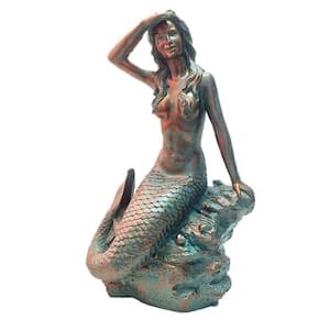 22 in. Classic Mermaid Bronze Patina Sitting on Coastal Rock Beach Collectible Statue