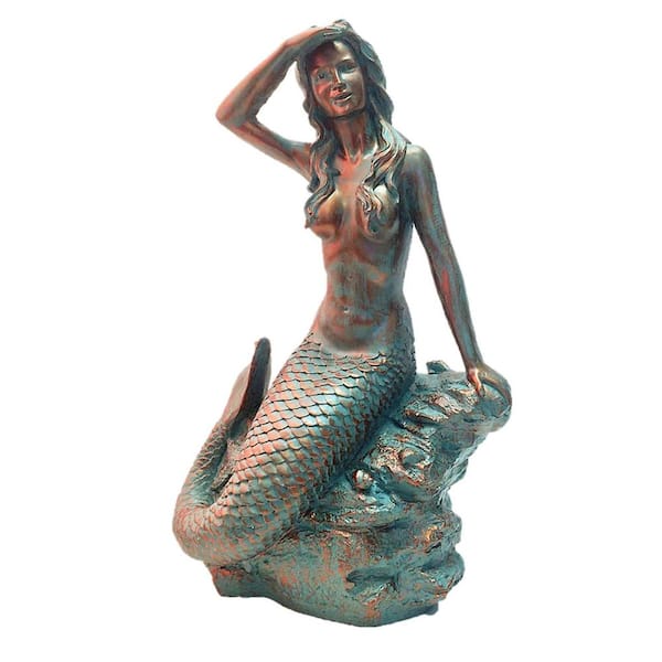 HOMESTYLES 22 in. Classic Mermaid Bronze Patina Sitting on Coastal Rock Beach Collectible Statue
