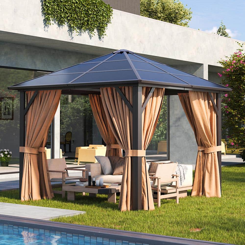 Aoxun 10' x 10' Brown Aluminum Gazebo with Curtains and Netting