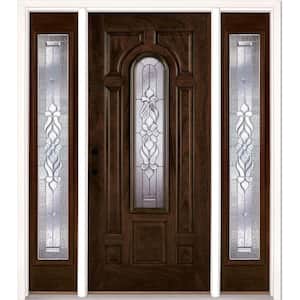 67.5 in. x 81.625 in. Lakewood Zinc Stained Chestnut Mahogany Right-Hand Fiberglass Prehung Front Door with Sidelites