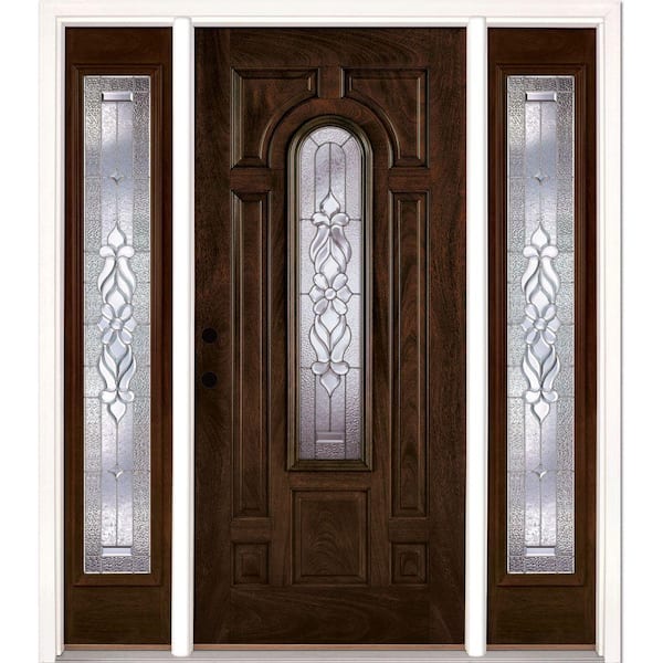 Feather River Doors 67.5 in. x 81.625 in. Lakewood Zinc Stained Chestnut Mahogany Right-Hand Fiberglass Prehung Front Door with Sidelites