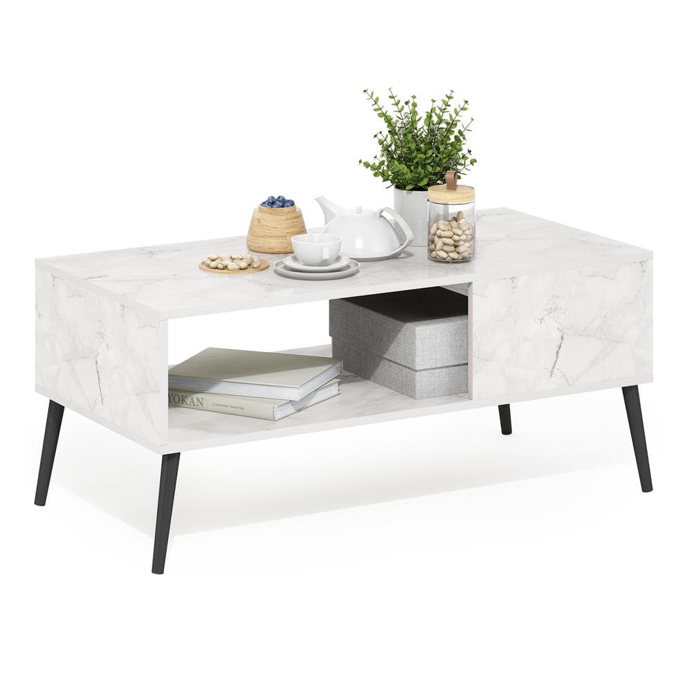 Mid-Century Marble White Rectangular Coffee Table with Wooden Legs