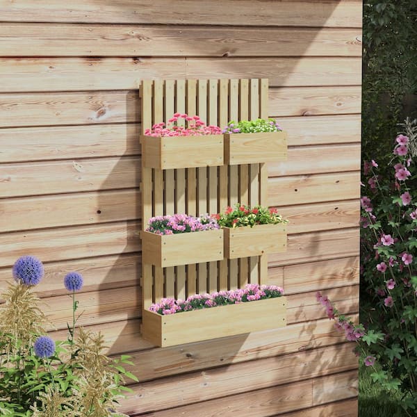 Outdoor Large 39 in. Tall Wall-Mounted, Wood Wall Planter 5 Box Raised Garden Bed with Adjustable Height, Hole, Natural