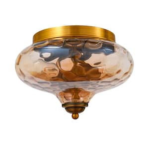 9.8 in. 2-Light Gold Plated Bronze Modern Farmhouse Flush Mount with Clear Water Ripple Glass Shade (No Bulbs Included)