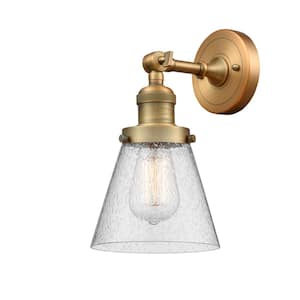Franklin Restoration Small Cone 6.25 in. 1-Light Brushed Brass Wall Sconce with Seedy Glass Shade