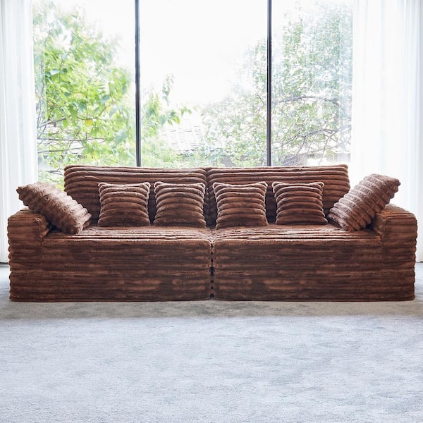 Lesly Modern 120 in. Wide Square Arm Velvet Rectangle Sectional Sofa Couch Double Seats Square in Brown