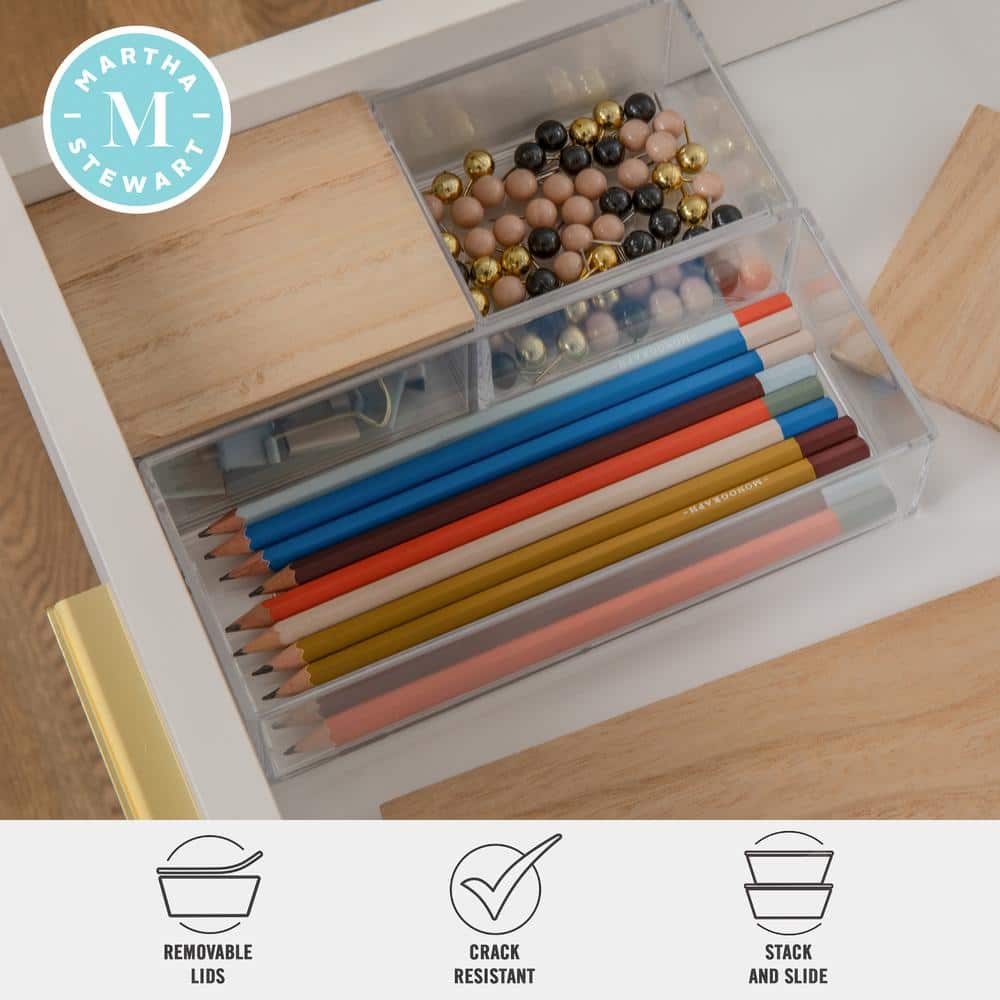 Clear Stackable Plastic Organizer Bins with Light Wood Lids, Set of 3