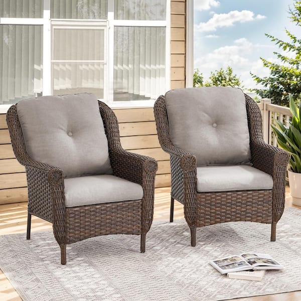 Gymojoy Floral Brown Wicker Patio Club Chair Set 2-Piece Outdoor Lounge Chair with Thick CushionGuard Beige Cushions