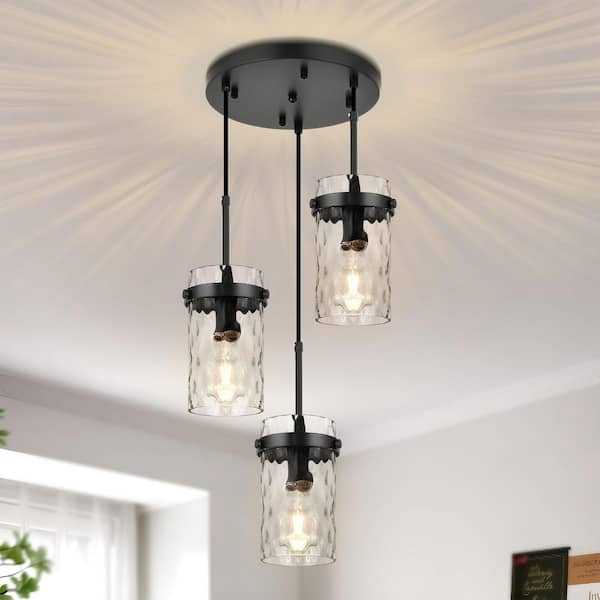 Jasslynn 3-Light Black Modern Pendant Light with Water Rippled Glass Shades for Bedroom, Living Room and Kitchen