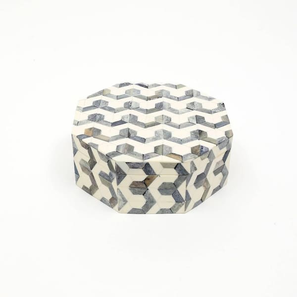 Unbranded Mulit-Colored 7.5 in. x 3 in. Bone & MDF Decorative Storage Box with Unique U-Pattern in a Hexagonal Shape