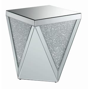 Amore 18.75 in. W Silver and Clear Square Mirror Glass Top End Table with Triangle Detailing