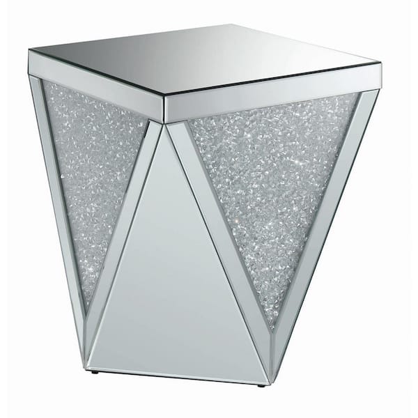 Coaster Amore 18.75 in. W Silver and Clear Square Mirror Glass Top End Table with Triangle Detailing