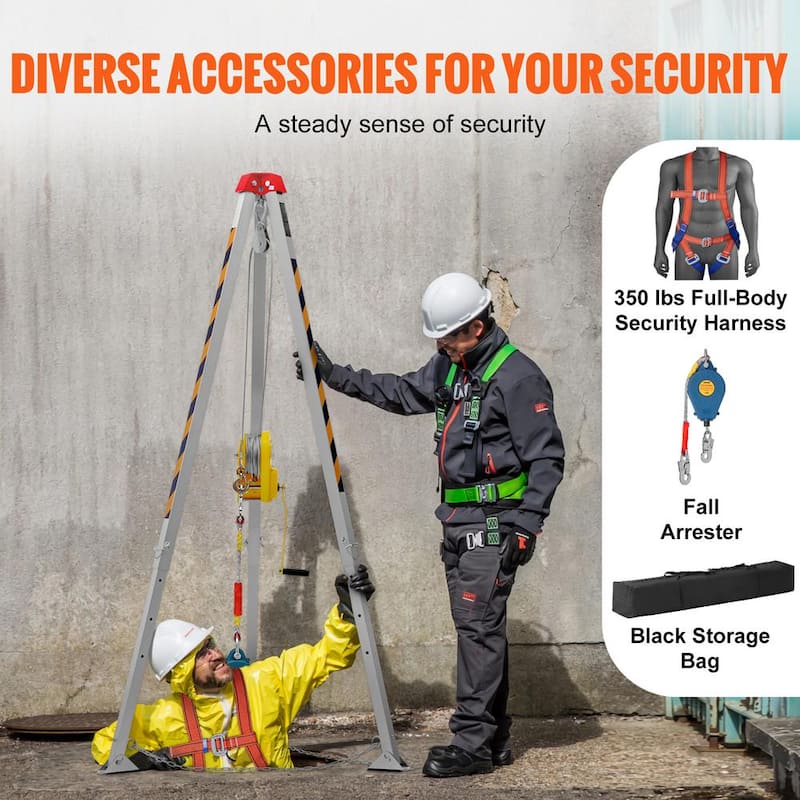 Confined Space Tripod Kit 2600 lbs. Winch Rescue Tripod w/8 ft. Leg, 98 ft. Cable, 33 ft. Fall Protection and Harness