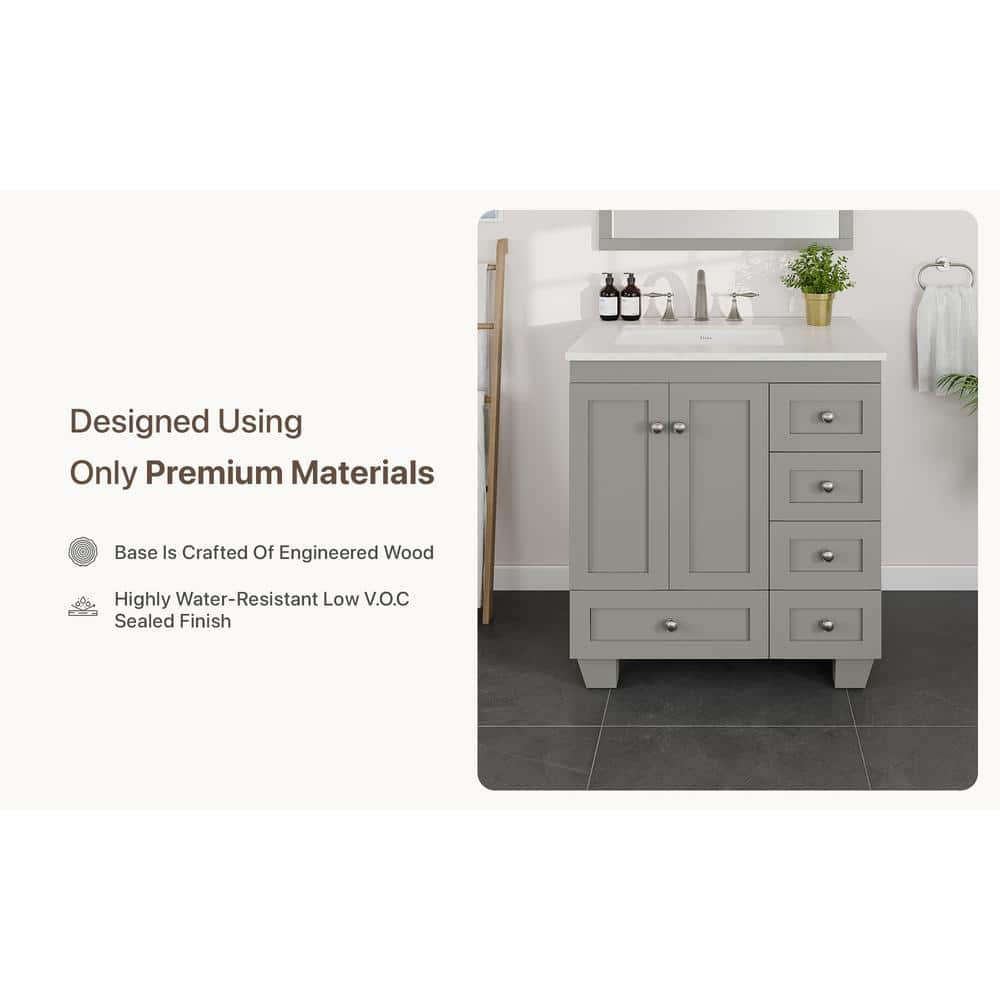 Gray 30" Freestanding Bathroom Vanity with White Quartz Top