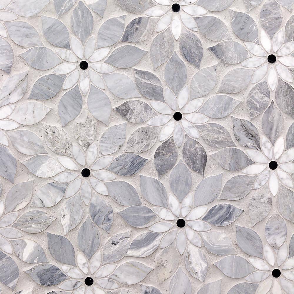 Thistle Blue Marble Flower Mosaic Tile Sheet