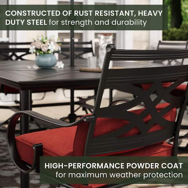 Montclair 11-Piece Steel Outdoor Dining Set with Chili Red Cushions, 10 Swivel Rockers and 60 in. x 84 in. Table
