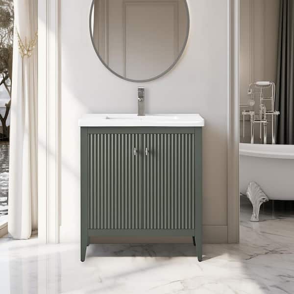 Vanity Art 30 in. W x 18.5 in. D x 34 in. H Single Sink Linear Vintage Green Bath Vanity Cabinet with White Ceramic Top
