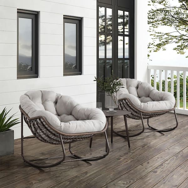 TIRAMISUBEST Wicker Outdoor Rocking Chair with Beige Cushions