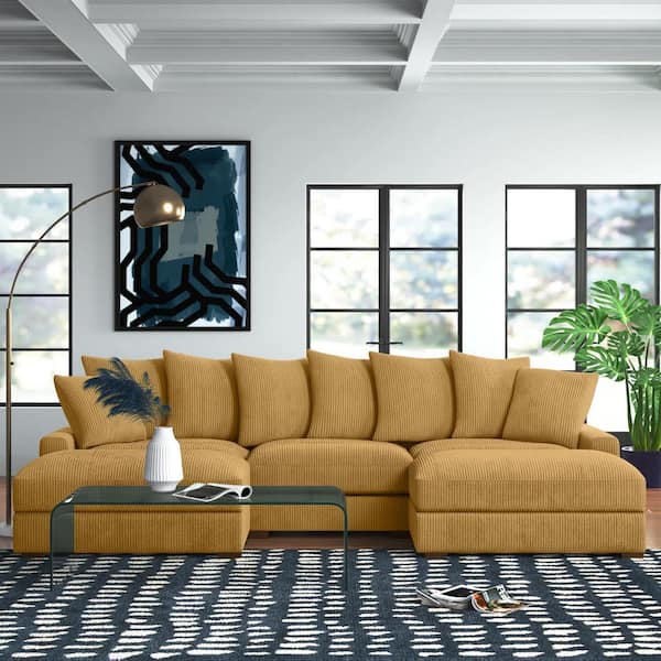 Monland 127 in. Square Arm Polyester Corduroy Upholstery U-Shaped Chaise Deep-Seated Oversized 5-Pieces Sectional Sofa in Yellow