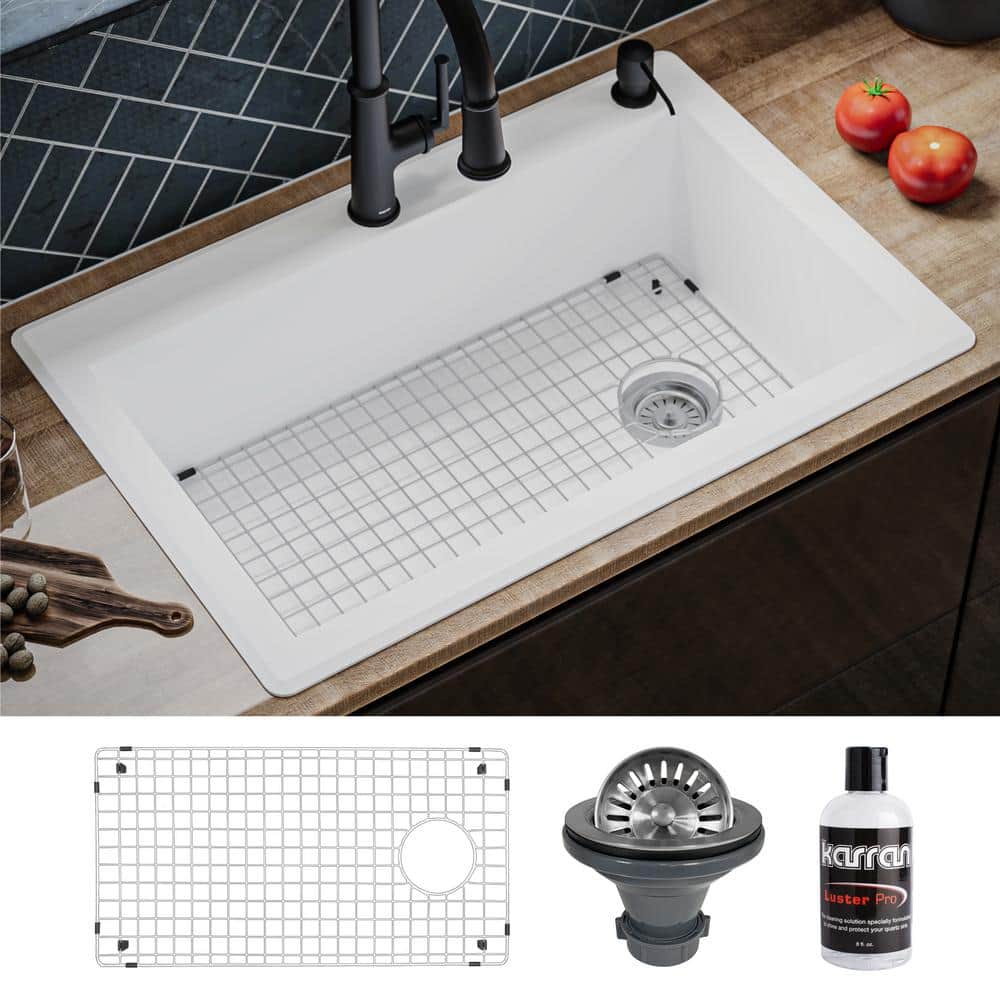 QT-670 Quartz/Granite 33 in. Single Bowl Top Mount Drop-In Kitchen Sink in White with Bottom Grid and Strainer price history on PriceWatchPro