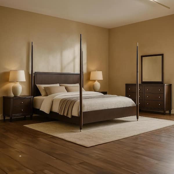 Amber 4-Piece Brown and Chrome Wood Queen Bedroom Set