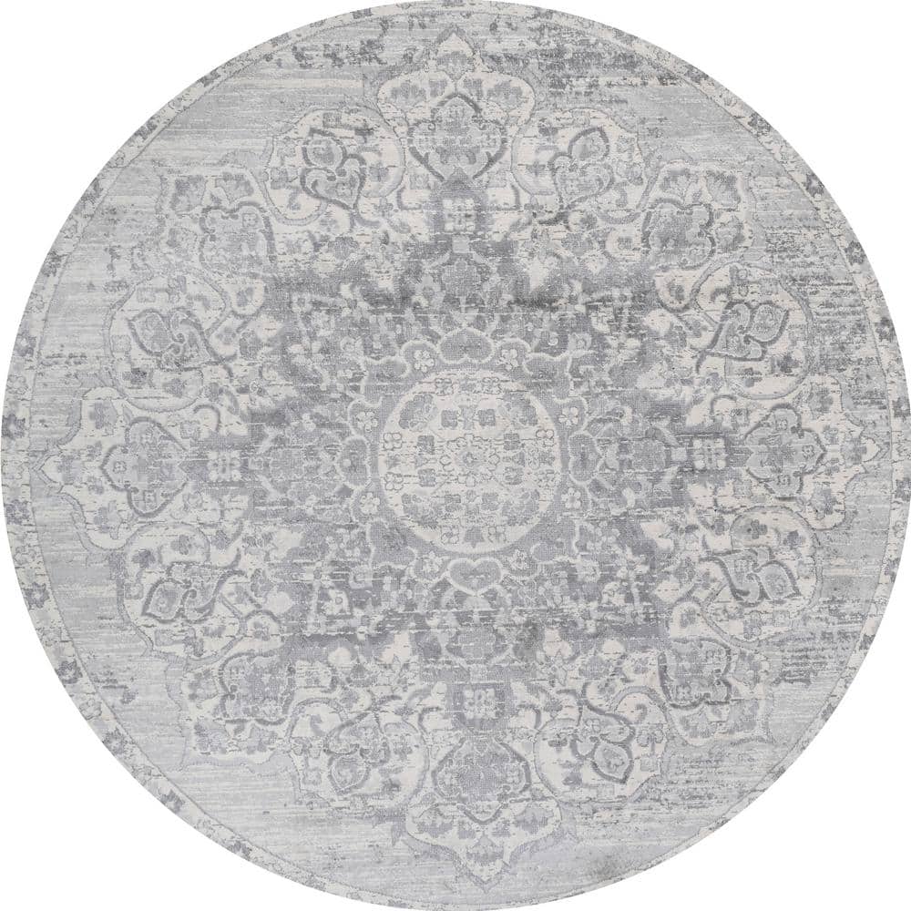 Light Gray Moroccan Medallion 6' Round Synthetic Area Rug