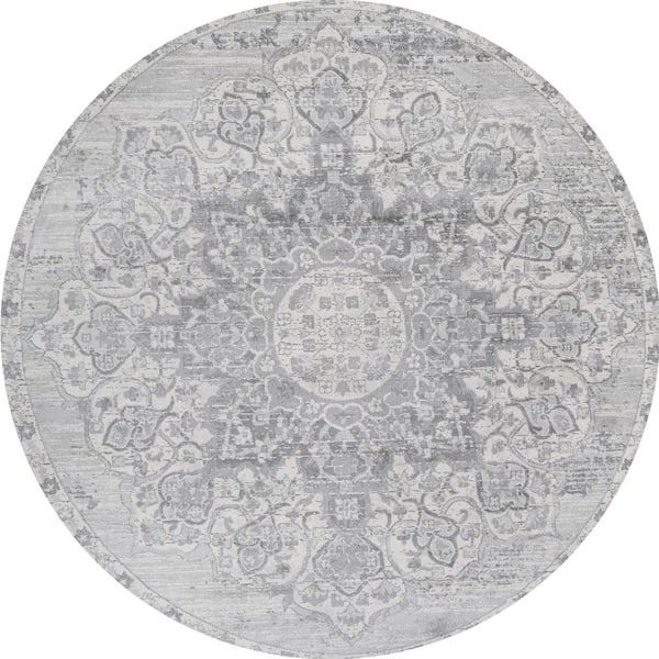 Modern Light Gray 6 ft. Round Persian Vintage Moroccan Medallion Area Rug
