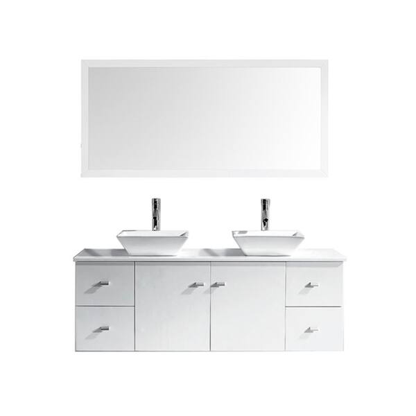 Virtu USA Clarissa 60 in. W Bath Vanity in White with Stone Vanity Top in White with Square Basin and Mirror