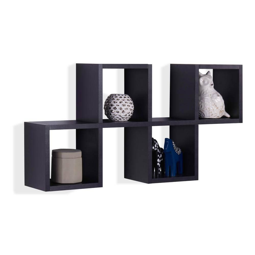 Black MDF Contemporary Floating Wall Shelf with Cubby Holes