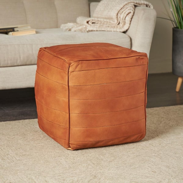 Litton Lane 18 in. Brown Leather with Linear Panels Pouf