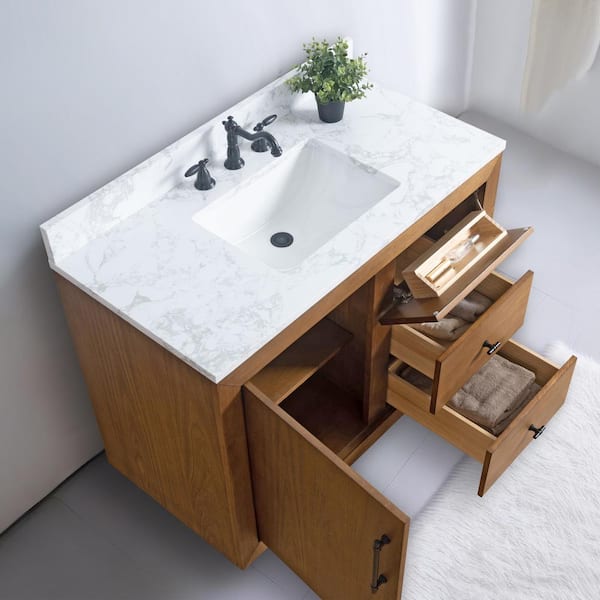 Vanity Art 42 in. W x 21.5 in. D x 34 in. H Single Sink Bathroom Vanity in Tan with Arabescato White Engineered Marble Top