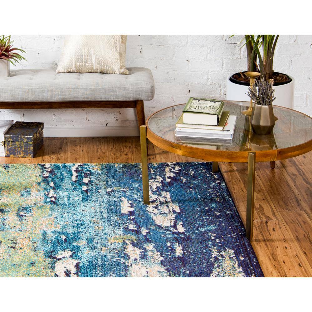 Navy Blue and Green Abstract Rectangular Area Rug