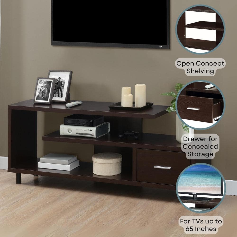 Espresso Modern 59" TV Stand with Cabinet and Open Shelves