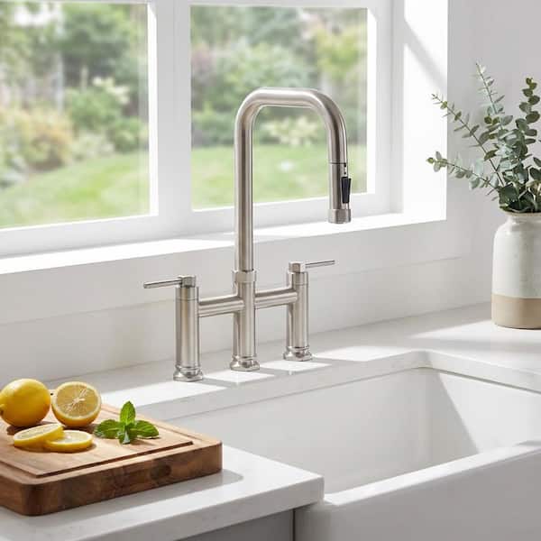 Double-Handle Bridge Kitchen Faucet with Pull-Down Sprayhead and 360° High-Arc Spout in Brushed Nickel