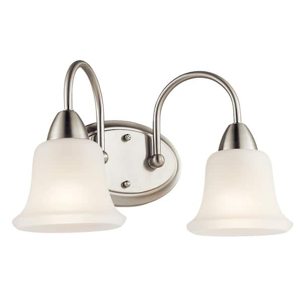 KICHLER Nicholson 16 in. 2-Light Brushed Nickel Transitional Bathroom Vanity Light with Satin Etched Glass