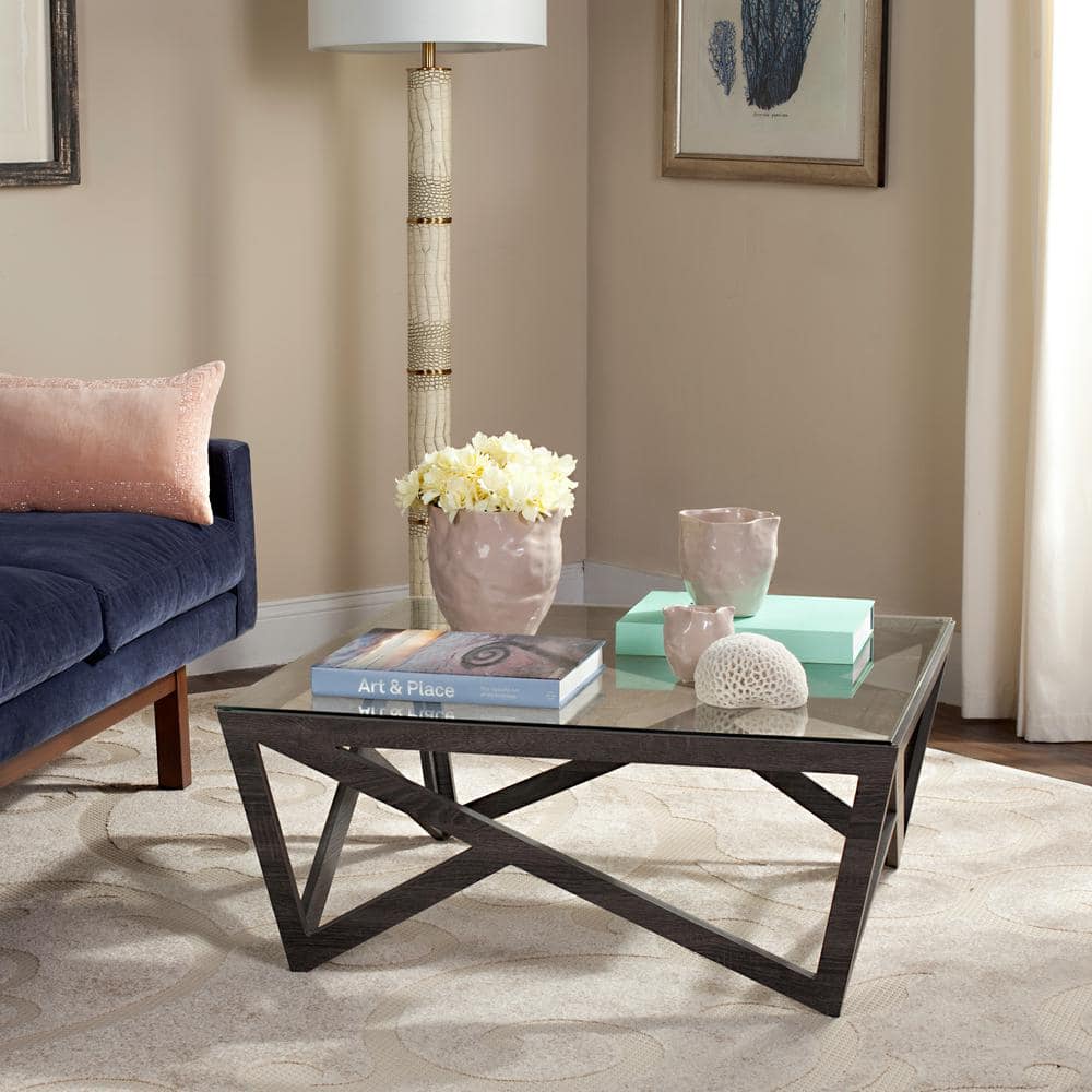 Transitional Gray-Brown Square Wood & Glass Coffee Table
