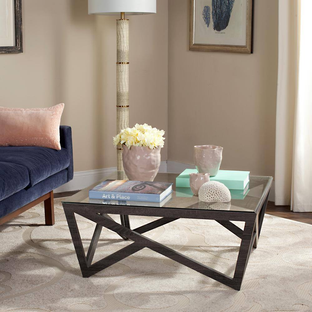 Transitional Gray-Brown Square Wood & Glass Coffee Table