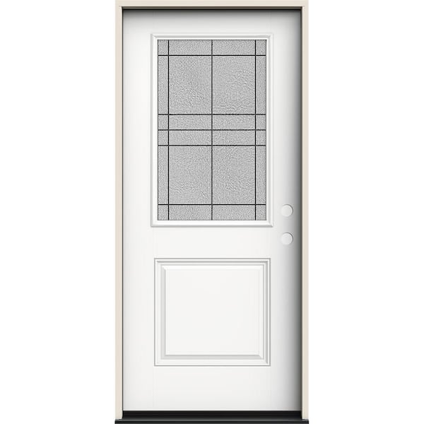JELD-WEN 36 in. x 80 in. Left-Hand 1/2 Lite Dilworth Decorative Glass Modern White Fiberglass Prehung Front Door