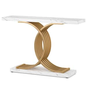 Terrella 39.37 in. White Rectangle Wood Console Table with Geometric Metal Legs, Faux Marble Narrow Sofa Table