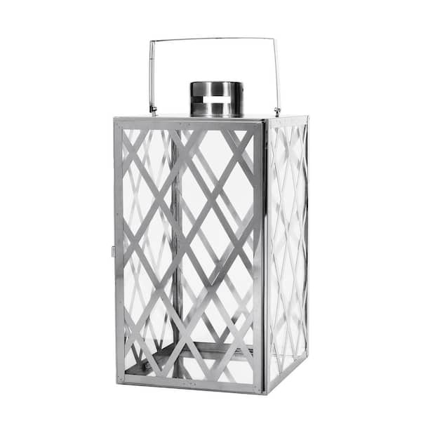 Unbranded 17.5 in. H x 9.5 in. W Small Silver Stainless Steel Lantern with Tempered Glass