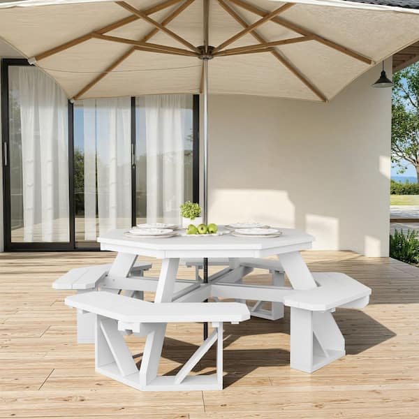 Wildridge Heritage 87 in. White Octagon HDPE Plastic Picnic Table