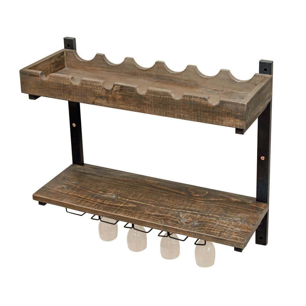 Pomona Rustic Industrial Wall-Mounted Wine Rack with Glass Storage - Brown