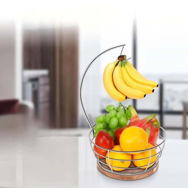 1 Piece Countertop Fruit Basket Bowl with Banana Hanger, Modern Standing Fruit Vegetable Bowl Storage, Chrome