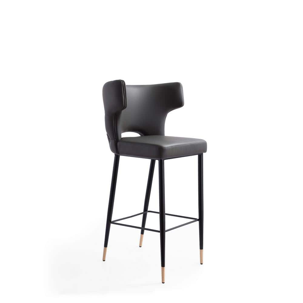 Holguin Gray Leather and Ash Wood Bar Stool with Gold Detailing