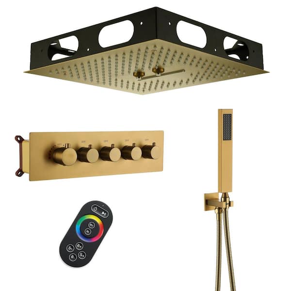 4-Spray 16 in. Dual Shower Heads Ceiling Mount Fixed and Handheld Shower Head 64 Color Lights 2.5 GPM in Brushed Gold