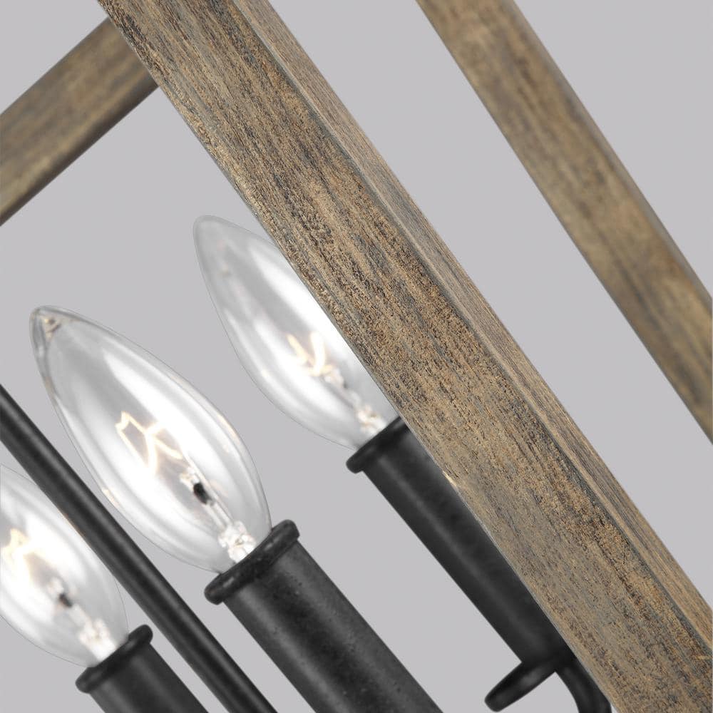 Mini Brass Cage Chandelier with Weathered Oak & Forged Iron