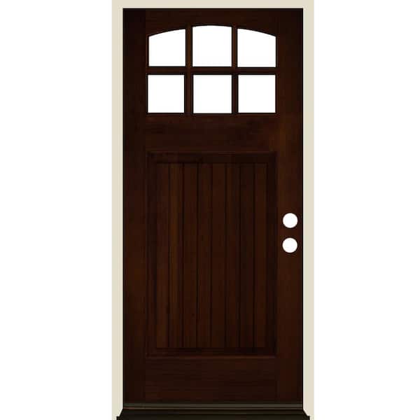Krosswood Doors 36 in. x 80 in. Craftsman 6 Lite V Groove Arch Top Red Mahogany Stain Left-Hand/Inswing Hemlock Prehung Front Door