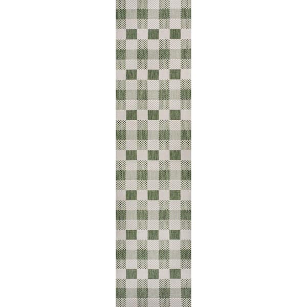 Darcy Green/Cream 2 ft. x 8 ft. Traditional Geometric Bold Gingham Indoor/Outdoor Runner Rug